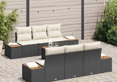 Set de canapele de grădină 7 piese cu perne, negre, din rattan poliesteric și lemn de acacia - 3/5