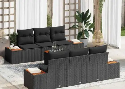 Set de canapea de grădină 7 piese cu perne Negru Rattan Poliester Acacia - 1/5