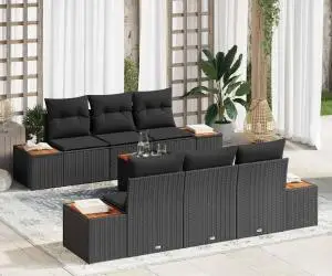 Set de canapea de grădină 7 piese cu perne Negru Rattan Poliester Acacia