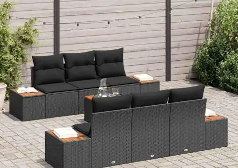 Set de canapea de grădină 7 piese cu perne Negru Rattan Poliester Acacia - 3/5