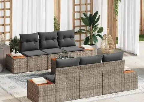 Set canapea grădină 7 piese, cu perne gri, din rattan polyratan și acacia - 1/5