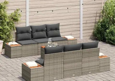 Set canapea grădină 7 piese, cu perne gri, din rattan polyratan și acacia - 3/5