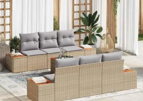 Set canapea grădină, 7 piese cu perne, bej, rattan poliester, acacia - 1/5