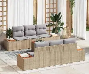 Set canapea grădină, 7 piese cu perne, bej, rattan poliester, acacia
