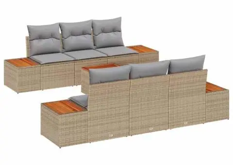 Set canapea grădină, 7 piese cu perne, bej, rattan poliester, acacia - 2/5