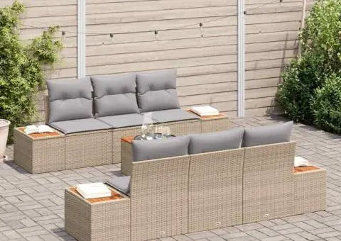 Set canapea grădină, 7 piese cu perne, bej, rattan poliester, acacia - 3/5