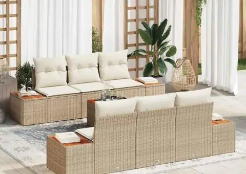 Set de canapele de grădină cu 7 piese și perne bej din rattan poli și acacia - 1/5