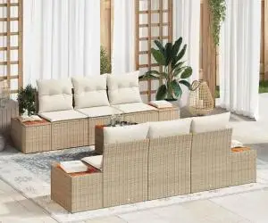 Set de canapele de grădină cu 7 piese și perne bej din rattan poli și acacia