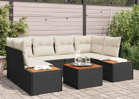 Set de canapele de grădină 7 piese , cu perne, ratan polietilenic negru, acacia - 1/5