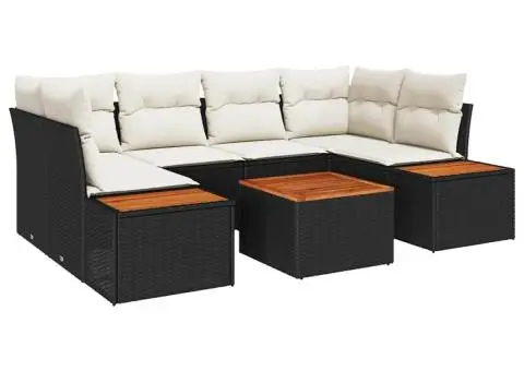 Set de canapele de grădină 7 piese , cu perne, ratan polietilenic negru, acacia - 2/5