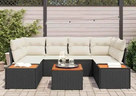 Set de canapele de grădină 7 piese , cu perne, ratan polietilenic negru, acacia - 3/5