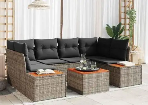 Set de canapele de grădină 7 piese cu perne în gri, realizat din ratan polis și acacia. - 1/5