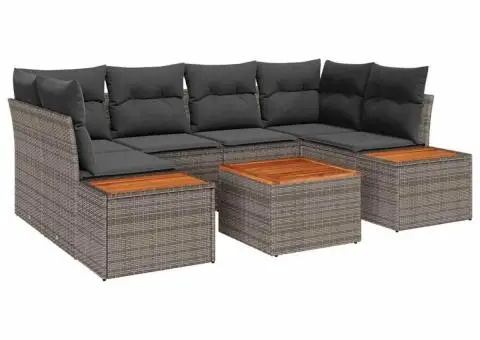 Set de canapele de grădină 7 piese cu perne în gri, realizat din ratan polis și acacia. - 2/5