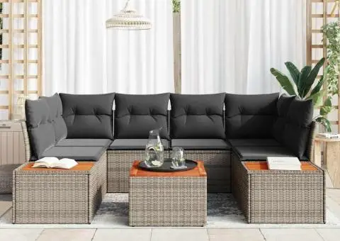 Set de canapele de grădină 7 piese cu perne în gri, realizat din ratan polis și acacia. - 3/5
