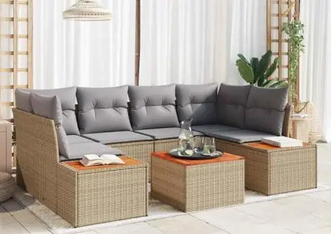 Set de Canapea pentru Grădină cu 7 Piese și Pernuțe Bej din Ratan, Poliester și Acacia. - 1/5