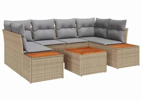Set de Canapea pentru Grădină cu 7 Piese și Pernuțe Bej din Ratan, Poliester și Acacia. - 2/5