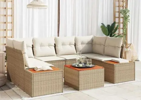 Set de canapea de grădină cu 7 piese și pernițe bej, din ratan polidat și acacia. - 1/5