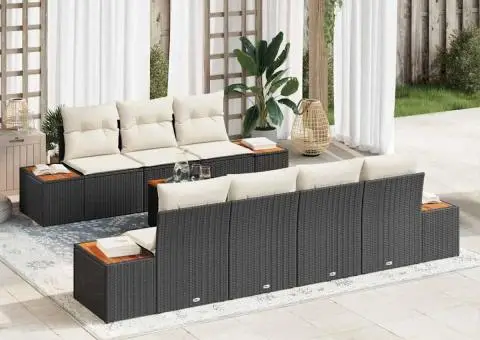 Set de canapele de grădină de 8 piese cu perne, negru, rattan polyester, acacia - 1/5