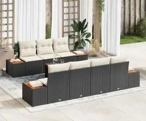 Set de canapele de grădină de 8 piese cu perne, negru, rattan polyester, acacia