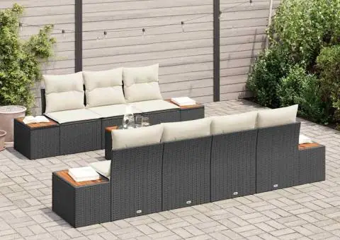 Set de canapele de grădină de 8 piese cu perne, negru, rattan polyester, acacia - 3/5