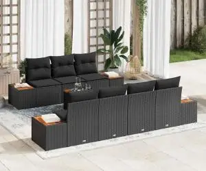 Set de canapea pentru grădină cu 8 piese și perne, din ratan negru lucios, acacia