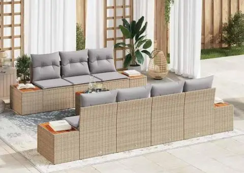 Set de canapea de grădină de 8 piese cu perne bej și gri, din rattan poli și acacia - 1/5