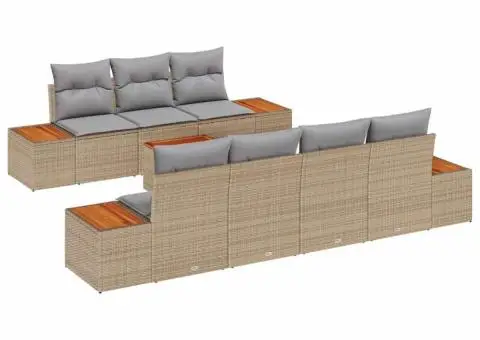 Set de canapea de grădină de 8 piese cu perne bej și gri, din rattan poli și acacia - 2/5