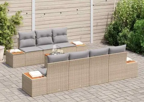 Set de canapea de grădină de 8 piese cu perne bej și gri, din rattan poli și acacia - 3/5