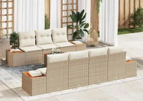 Set de canapea de grădină, 8 piese, cu perne bej, din ratan polietilenic și acacia. - 1/5