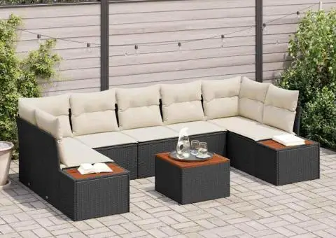 Set canapea grădină, 8 piese, rattan negru și acacia - 1/5