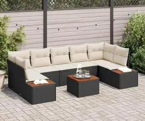 Set canapea grădină, 8 piese, rattan negru și acacia