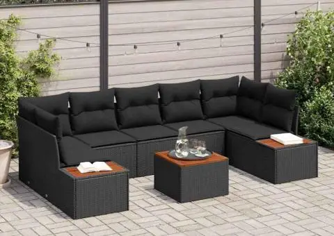 Set de canapea pentru grădină, 8 piese cu perne, din ratan poly negru și acacia - 1/5