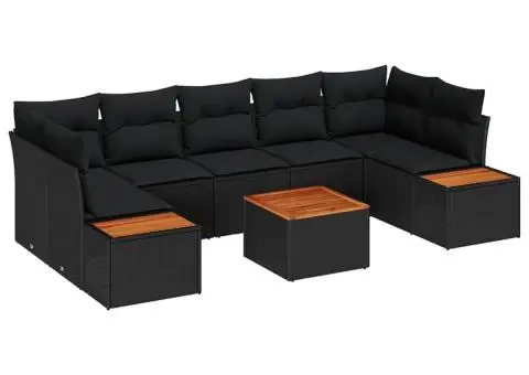 Set de canapea pentru grădină, 8 piese cu perne, din ratan poly negru și acacia - 2/5