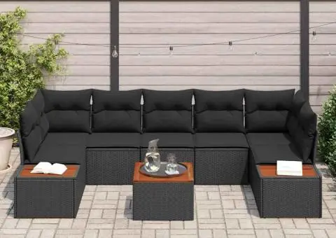 Set de canapea pentru grădină, 8 piese cu perne, din ratan poly negru și acacia - 3/5
