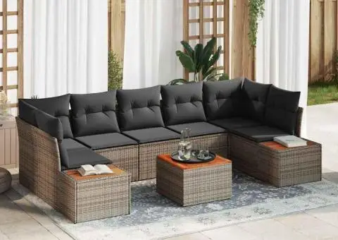 Set de canapea de grădină , 8 piese, cu perne gri din rattan sintetic și lemn de acacia - 1/5