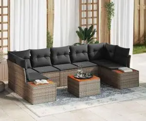 Set de canapea de grădină , 8 piese, cu perne gri din rattan sintetic și lemn de acacia