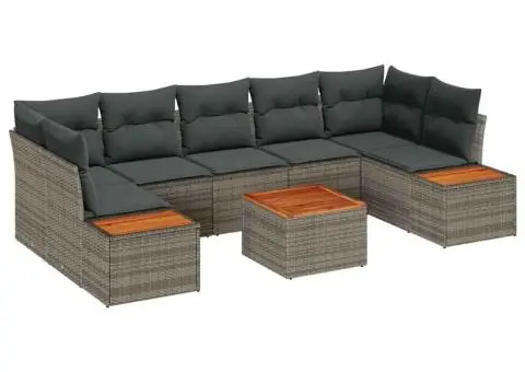 Set de canapea de grădină , 8 piese, cu perne gri din rattan sintetic și lemn de acacia - 2/5