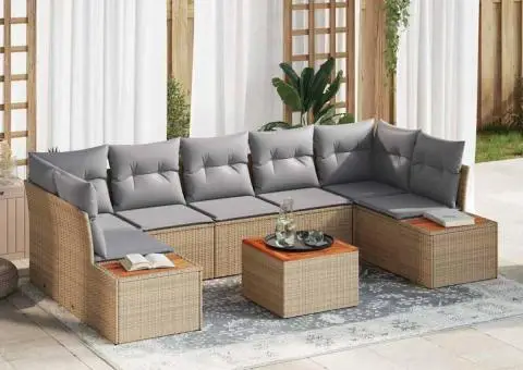 Set de canapele de grădină cu 8 piese, cu perne, din rattan sintetic și acacia, bej. - 1/5