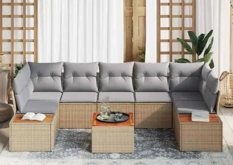 Set de canapele de grădină cu 8 piese, cu perne, din rattan sintetic și acacia, bej. - 3/5