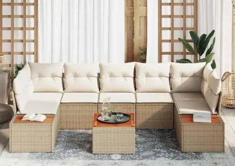 Set de canapea de grădină cu 8 piese și perne bej din ratan sintetic Acacia - 3/5