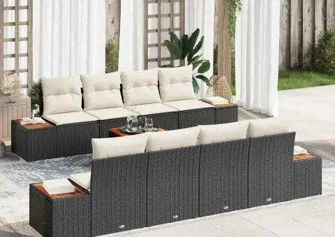 Set canapele de grădină 9 piese cu perne Negru din ratan sintetic și Acacia - 1/5