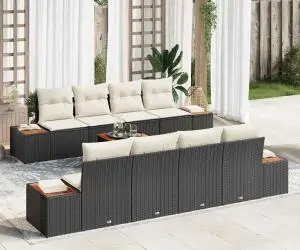 Set canapele de grădină 9 piese cu perne Negru din ratan sintetic și Acacia