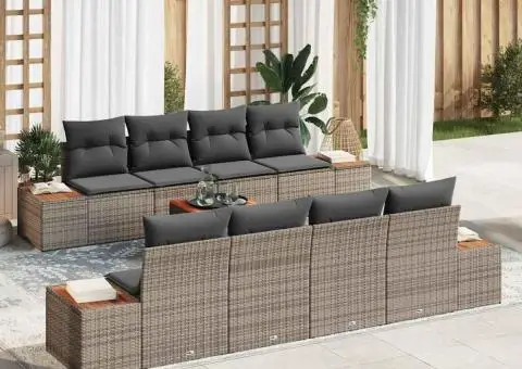 Set de canapea de grădină 9 piese cu perne gri din ratan sintetic și lemn de acacia - 1/5