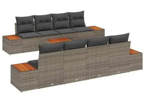 Set de canapea de grădină 9 piese cu perne gri din ratan sintetic și lemn de acacia - 2/5
