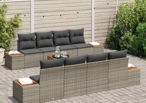 Set de canapea de grădină 9 piese cu perne gri din ratan sintetic și lemn de acacia - 3/5