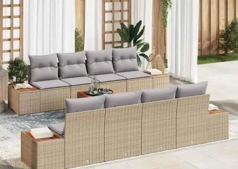 Set de canapele de grădină 9 piese cu perne, Bej din ratan sintetic, Acacia - 1/5