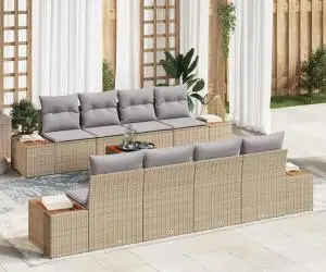 Set de canapele de grădină 9 piese cu perne, Bej din ratan sintetic, Acacia