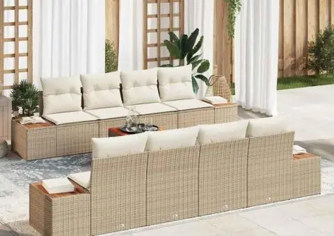 Set de canapele pentru grădină, 9 piese, , cu perne, Bej, Rattan Poly, Acacia. - 1/5