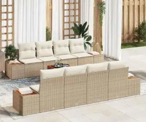 Set de canapele pentru grădină, 9 piese, , cu perne, Bej, Rattan Poly, Acacia.