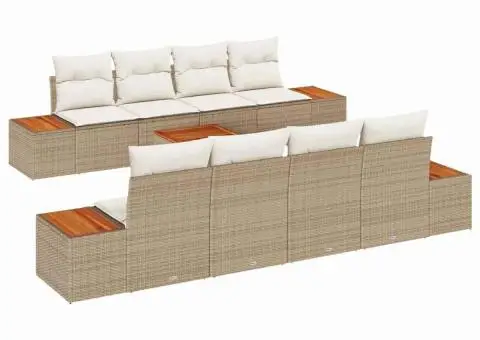 Set de canapele pentru grădină, 9 piese, , cu perne, Bej, Rattan Poly, Acacia. - 2/5